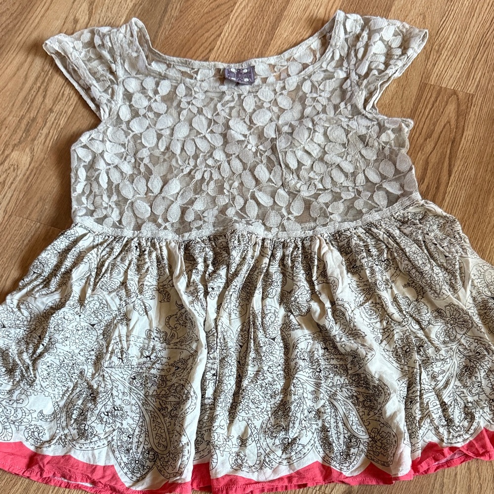 Free People Babydoll Floral Lace Sheer Top Cream and Salmon Pink M
